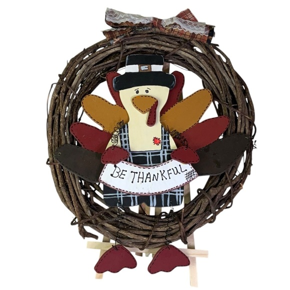 Hand Crafted Thanksgiving Turkey Wreath BeThankful Rustic Red Brown Accent 14 In - Picture 10 of 16